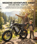 Man and boy next to a dirt bike on a forest trail, enjoying nature.