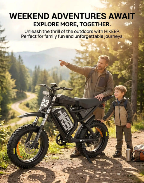 Man and boy next to a dirt bike on a forest trail, enjoying nature.