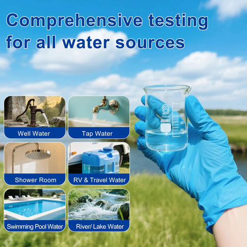 Hand wearing blue glove holding beaker with text about water testing for multiple sources, with photos of water taps and pools.