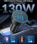 Three Port 130W USB C Car Charger With Voltage Display PPS PD QC Fast Charge For 12 To 24V Vehicles shown in car interior