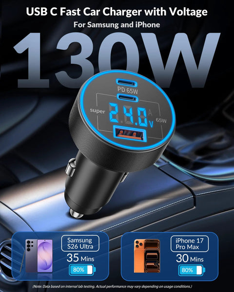 Three Port 130W USB C Car Charger With Voltage Display PPS PD QC Fast Charge For 12 To 24V Vehicles shown in car interior