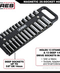 Magnetic Socket Holder Set 3-Piece Black 1/4 Inch 3/8 Inch and 1/2 Inch Drive Organizers, 26 sockets displayed, with handle.