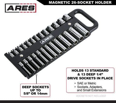 Magnetic Socket Holder Set 3-Piece Black 1/4 Inch 3/8 Inch and 1/2 Inch Drive Organizers, 26 sockets displayed, with handle.