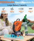 Portable 20000mAh Rechargeable Camping Fan With LED Light Remote USB C and USB A Charging 4 Speeds in outdoor setting