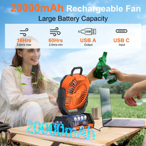 Portable 20000mAh Rechargeable Camping Fan With LED Light Remote USB C and USB A Charging 4 Speeds in outdoor setting