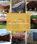 Heavy Duty Waterproof Tarp 20x40 Feet Poly Tarpaulin Cover in various outdoor settings showcasing brown and silver finish