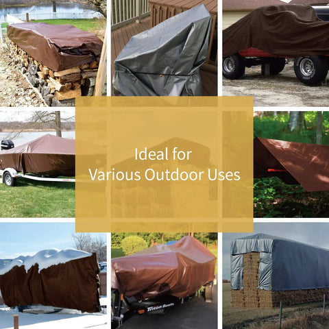 Heavy Duty Waterproof Tarp 20x40 Feet Poly Tarpaulin Cover in various outdoor settings showcasing brown and silver finish