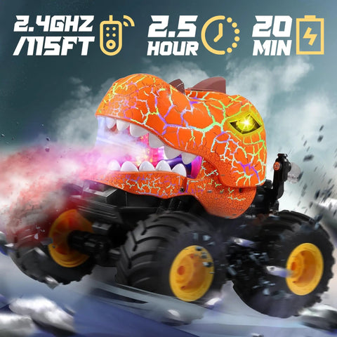 Remote Control Monster Truck For Kids Ages Four To Seven Orange With 360 Spin And Drifting Lights And Music 1 To 20 Scale RC Car