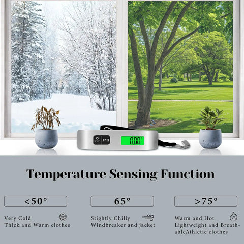 110 Pound Luggage Weight Scale With Four Unit Switching And LED Display, shown in front of contrasting winter and summer window views.