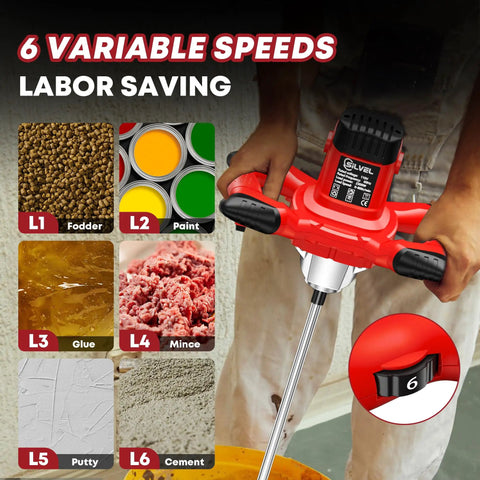 Heavy Duty 2300W 110V handheld electric cement mixer with six adjustable speeds, shown mixing materials like fodder and paint