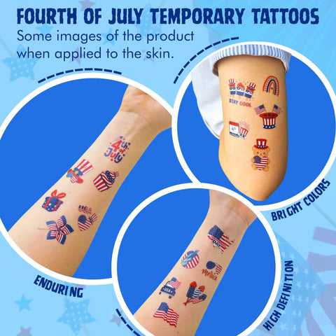 Lit Glow In The Dark 105 Piece Patriotic Temporary Tattoos Set For Independence Day Featuring American Flag Stars And Eagles applied on arms