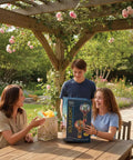 Three people sitting outdoors, smiling around a Hot Air Balloon Solar Lantern With LED Lights Hanging Outdoor Lamp Waterproof box.