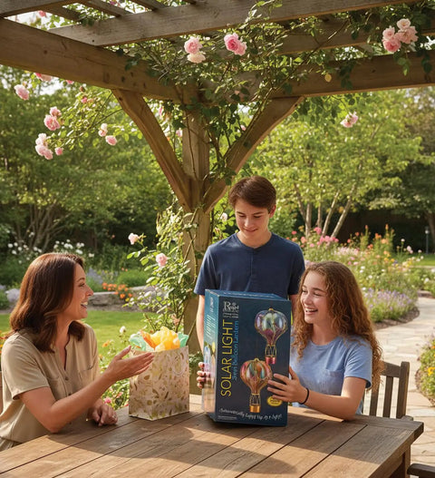 Three people sitting outdoors, smiling around a Hot Air Balloon Solar Lantern With LED Lights Hanging Outdoor Lamp Waterproof box.