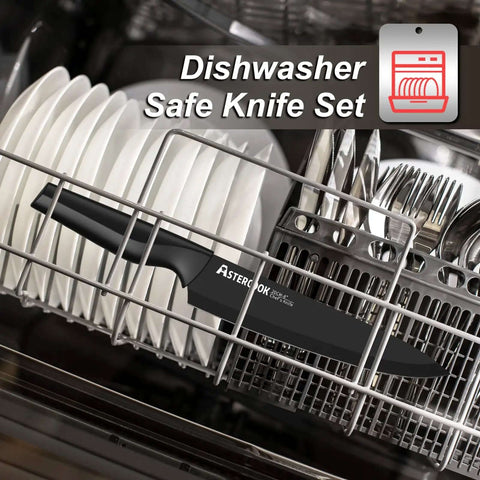 No Fuss All In One 21 Piece Kitchen Knife Set With Block And Built In Sharpener in dishwasher, German stainless steel blades, black handle