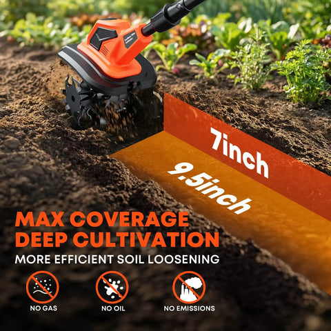Cordless Garden Tiller Cultivator With 21V Battery Lightweight Rototiller demonstrating 9.5 inch tilling width and 7 inch depth.