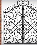 Ornate iron gate with swirling patterns installed on a brick wall, showcasing decorative design and strong metal framework.