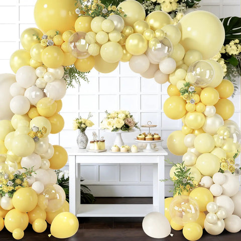 Epic 173 Piece Yellow Balloon Arch Kit With Double Stuffed Pastel Yellow White Sand Balloons And Clear Balloons For Wedding Bridal Shower Engagement Anniversary And Birthday Party Decor displayed with floral table setup.
