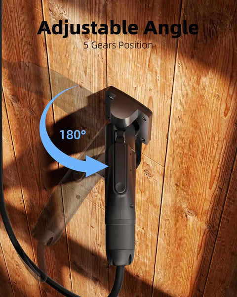 EV Charger Holder With 180 Degree Rotating Nozzle Dock, Heavy Duty Metal J Hook wall mount, adjustable angle for charging cable.