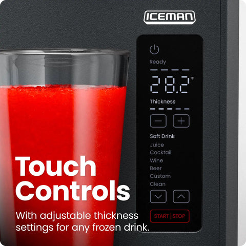 Straight Up Slushie Machine With Zero Ice Required, 48 Oz Frozen Drink Maker featuring visible touch controls and red slushie.