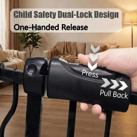 No Sweat Setup Extra Wide Baby Gate For Doorways And Stairs Adjustable Swing walkthrough showing child safety dual-lock design.