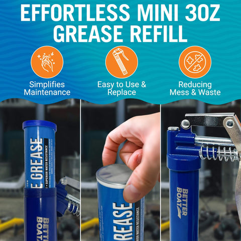 Triple Pack Mini Marine Grease Tubes 3 Oz Each Waterproof High Temp Wheel Bearing Lubricant NLGI 2 For Boat Trailers Bearings Hubs And Grease Guns For Smooth Performance On All Boats, showing easy refill process