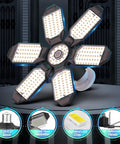 150W LED Garage Light With E26 E27 Base, Foldable Panels, 6 Adjustable Light Heads, showcasing 6500K Daylight and features icons.