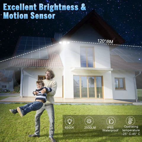 Man and child in front of house illuminated by Motion Sensor Outdoor LED Light 2500LM Super Bright With Remote Control