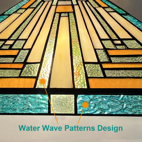 Detail of Tiffany Style Pendant Light Fixture 16 Inch Wide Adjustable Height Amber Green Stained Glass Chandelier pattern
