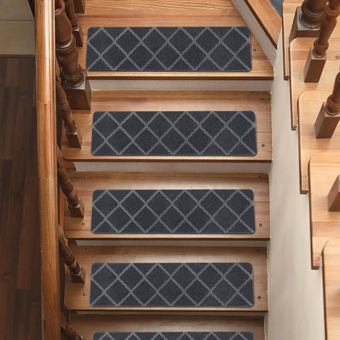 Indoor Stair Treads 15 Pack for Wooden Steps Non Slip Carpet Treads Gray Plaid Runner Mats on wooden stairs