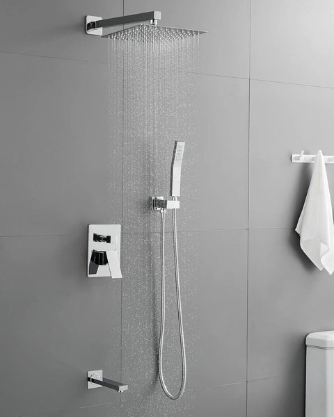 10 Inch All Metal Shower System with Tub Spout, Wall Mount, and Hand Shower, 3 Function Rainfall Shower Head, Built-In Diverter, Wall View