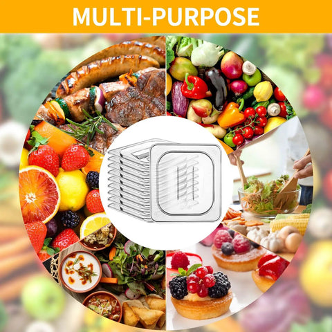 10 Pack 1/6 Size Crystal Clear Polycarbonate Food Pan Lids With Secure Handles Universal Restaurant Kitchen Covers Heavy Duty Workhorse in a multi-purpose collage.