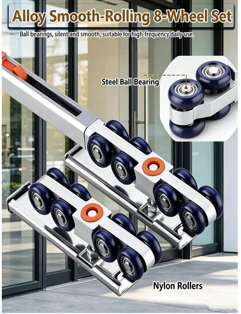 6.4ft Sliding Door Hardware Set With Hydraulic Soft Close System featuring alloy 8-wheel set rollers and steel ball bearings