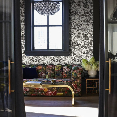 Living room with Floral Vintage Peel And Stick Wallpaper With Rose Design Removable Vinyl For Walls behind a sofa