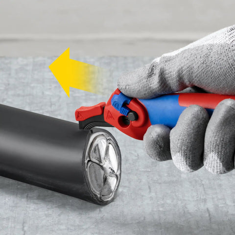 Ratcheting Cable Stripping Knife For Electricians With Three Cutting Areas For Round And Longitudinal Cuts Guide Shoe