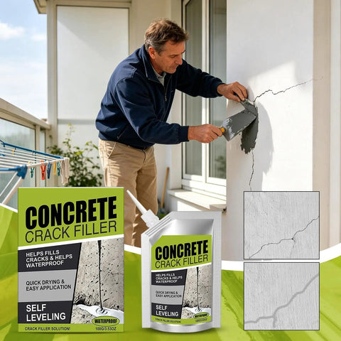 Heavy Duty Concrete Crack Filler And Waterproof Sealant For Patios And Garages Fast Drying Flexible Patch being applied to a wall crack.