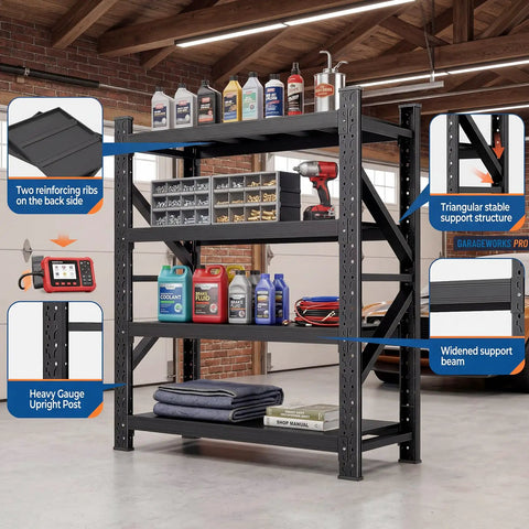 Heavy Duty 4 Tier Metal Garage Storage Shelving Unit With Beefed Up Reinforced Frame For Maximum Stability And High Capacity