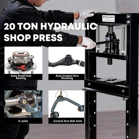 Heavy Duty 20 Ton H Frame Hydraulic Shop Press With Adjustable Table Steel Frame Professional Power Equipment For Auto Repair Metalworking And Bearing Installation Include Safety Relief Valve, showing applications with U-Joint and control arm parts.