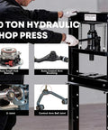 No Bull 20 Ton Hydraulic H Frame Shop Press Featuring Adjustable Manual Stamping Plates and Multi Position Worktable in use.