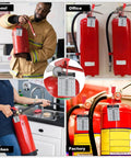 Fire extinguishers with 200 pack aluminum fire extinguisher tags 2026-2029 with tamper seals and hole puncher in various settings.