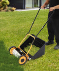 14 Inch Manual Push Reel Lawn Mower With Collection Bag And Sweeper For Easy Yard Work No Fuss 4 Sharp 5 Edged Blades For Lawns Gardens Yards Parks Golf Courses Sidewalks Driveways, black steel frame