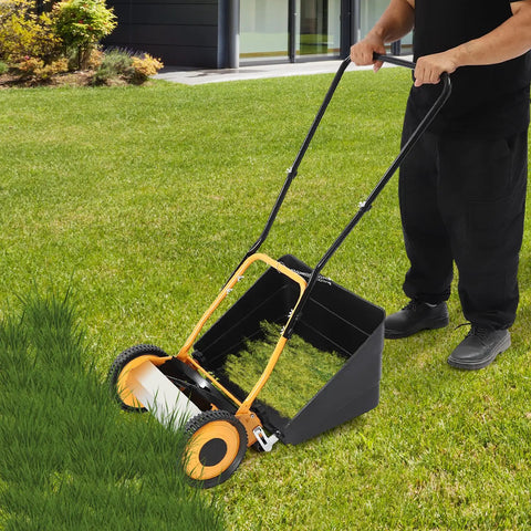 14 Inch Manual Push Reel Lawn Mower With Collection Bag And Sweeper For Easy Yard Work No Fuss 4 Sharp 5 Edged Blades For Lawns Gardens Yards Parks Golf Courses Sidewalks Driveways, black steel frame