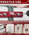 Doweling Jig For Cabinet Hardware And Knob Or Pull Templates Pro Grade Self Centering Punch Locator Precise Woodworking Drill Guide Aluminum Alloy Construction Anti Rust Easy DIY Cabinet Setup in use with a drill on a wood cabinet