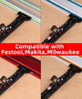 Front view of GOINGMAKE track saw parallel guide with micro-adjust flip stop on black aluminum rail with ruler scale