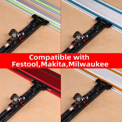 Front view of GOINGMAKE track saw parallel guide with micro-adjust flip stop on black aluminum rail with ruler scale