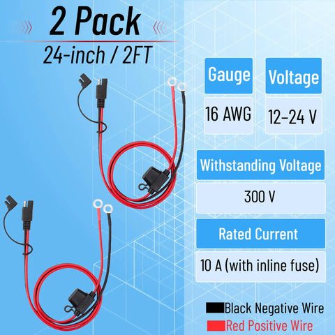 Beefy Sae To O Ring Terminal Connectors Paired With Sae Battery Wiring Setup Featuring Dual 2 Foot 2 Pin Harnesses At 16 Awg Copper Core.