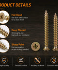 Heavy Duty Tough As Nails Hardened Carbon Steel Wood Screw Kit product details showing flat head, deep thread, and sharp point