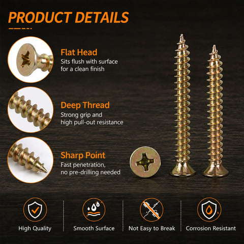 Heavy Duty Tough As Nails Hardened Carbon Steel Wood Screw Kit product details showing flat head, deep thread, and sharp point