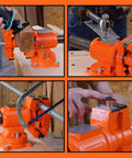 Heavy Duty Bench Vise With 5 Inch Jaw Opening And 360 Degree Swivel Base Anvil For Woodworking And Pipe Work Utility Combination Vise With Replaceable Jaw Faces And Included Jaw Pad For Quick Stable Grips shown in various uses.