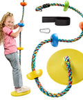 Child playing on Kids Tree Swing With Disc Seat And Rainbow Climbing Rope Set Including Carabiner And 2.6 Foot Strap