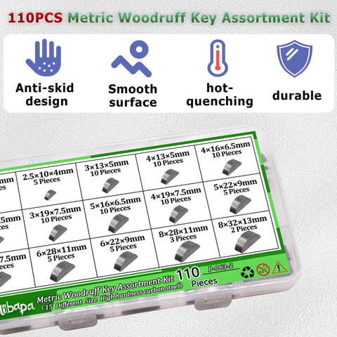 Front view of a clear plastic case containing a 110-piece metric woodruff key assortment kit in carbon steel.